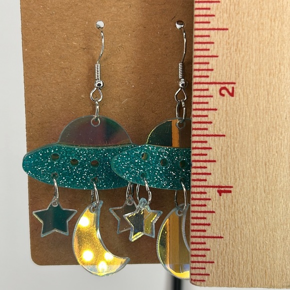 Glittery Mirror Acrylic Moon and Stars Spaceship Earrings - Picture 2 of 2
